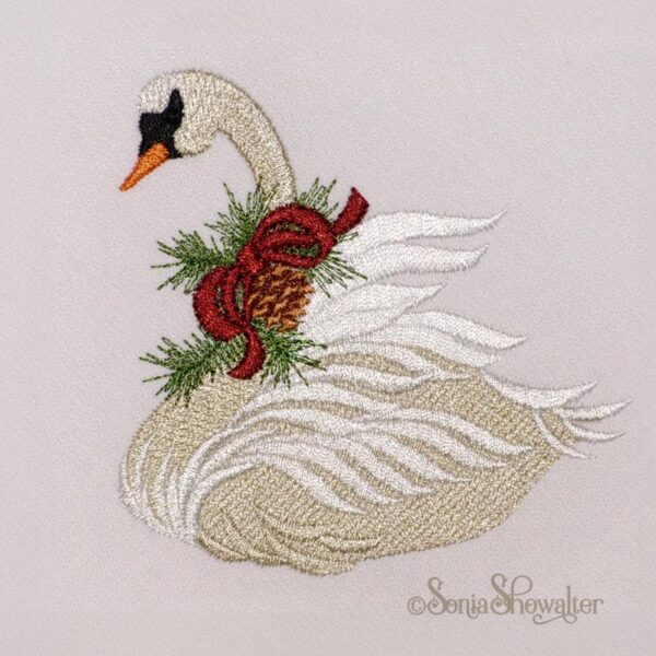 Machine Embroidery Design Christmas Swan with Red Ribbon